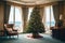 A Christmas tree is decorated on the hotel by the sea view on vacation in a tropical country with palm trees at sunset. Travel for