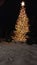 a Christmas tree decorated with lights stands outside in the snow