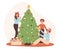Christmas tree decorating, happy family xmas winter holidays preparing. People with Christmas tree garlands and toys cartoon