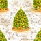 Christmas tree with decoration and gifts, hand paint watercolor illustration, vintage holiday seamless pattern