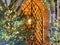 Christmas tree decoration illuminated gold blue light  on medieval street near metal decorative gate  door  in Tallinn Old town ho