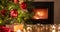 Christmas tree decoration and Xmas presents on table, burning fireplace background