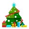 Christmas tree with decorations and different gifts. Vector stylized illustrations