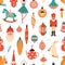 Christmas tree decorations flat vector seamless pattern. Traditional winter holiday cartoon texture. Decorative xmas