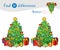 Christmas tree with decorations and gifts. Find 10 differences