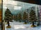 Christmas Tree Decorations in Glass Enclosed Walkway