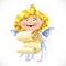 Christmas tree decorations toy little blond angel sings a hymn written in the scroll of parchment