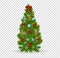 Christmas tree with decorative bow, snowflakes, toys, decorations, festive garlands.