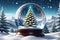 Christmas Tree Encased in a Snow Globe, Delicate Snowflakes Drifting Down, Nestled Among a Wintry Landscape