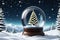 Christmas Tree Encased in a Snow Globe, Delicate Snowflakes Drifting Down, Nestled Among a Wintry Landscape