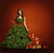 Christmas Tree Fashion Woman Dress, Model Girl, Red Presents