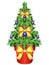 Christmas tree in a flowerpot. A small evergreen tree in a flower pot decorated with Christmas balls and ribbons. Live Christmas t