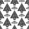 Christmas tree folk art vector seamless monochrome pattern- Scandinavian style design with birds, flowers and snowflakes