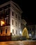 Christmas tree in front of the State Chancellery in Schwerin at night. Mecklenburg-Vorpommern, Germany