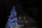 Christmas tree with garlands on the background of the house. Night Christmas holiday landscape. Cozy courtyard, house in snow.