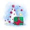 Christmas tree, a gift box, and bright gold and red stars on a blue background with snowflakes. Cartoon