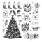 Christmas tree, gifts, bells, poinsettia, bow etc. Hand drawn vector illustrations. Winter symbols. Noel design elements isolated