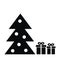 Christmas tree and gifts, black and white vector icon