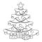 Christmas tree with gifts. Merry Christmas and Happy New Year greeting card template. Black and white vector illustration for colo