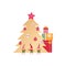 Christmas tree with gifts and three elves. Boxes with Christmas gifts
