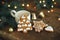 Christmas tree gingerbread cookie, coffee cup, fir branches on background of warm lights on rustic wooden table. Atmospheric