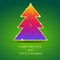 Christmas tree with glitter and flashes. New year tree from color triangles with gold trim on a green background with