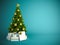 Christmas tree with gold decor on blue background