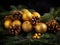 Christmas tree with gold ornaments hanging from it. There are several golden orbs placed among green pine needles and