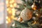 Christmas tree and golden christmas balls on abstract defocus background with bokeh. Generative AI