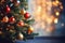 Christmas tree with golden decorations and bokeh lights on dark background