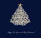 Christmas tree greeting card made of white corals and starfish against dark blue background and the greeting text