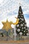 Christmas tree, Hanukkah menorah and crescent in Haifa, Israel