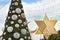 Christmas tree, Hanukkah menorah and crescent in Haifa, Israel