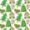 Christmas tree and holly jolly gingerbread figurines pattern. Christmas gingerbread seamless pattern