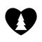 Christmas tree icon black in heart valentine. Symbol New Year love. Sample silhouette flat simple design. Fir-tree bazaar, fair of