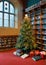 A Christmas Tree In A Library, With Books As Gifts Underneath. Generative AI