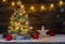 Christmas tree with lights and decoration at night holiday celebration background