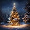 Christmas Tree Lights Decoration. Outdoor view with snow and background. Created using generative AI