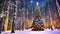 Christmas tree lit up with multicolor lights, beautiful spruce trees in the middle of the winter forest with snowfall