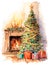 Christmas tree in the living room near the fireplace, a beautiful festively decorated, watercolor background illustration