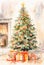 Christmas tree in the living room near the fireplace, a beautiful festively decorated, watercolor background illustration