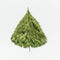 Christmas tree made with cedar branches on white background, top view. Layout of holiday greeting card