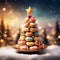 Christmas tree made of donuts and christmas tree on snow with bokeh background