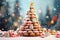 Christmas tree made of donuts and christmas tree on snow with bokeh background