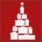 Christmas tree made from gift box and bow on the red background. White presents with decorative Christmas ornament