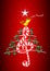 Christmas tree made of green musical notes, candy bar shaped treble clef and yellow bird singing and title: FELIZ NAVIDAD