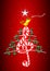 Christmas tree made of green musical notes, candy bar shaped treble clef and yellow bird singing and title: MERRY CHRISTMAS