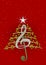Christmas tree made of green musical notes, treble clef and pentagram on red background with stars