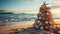 Christmas Tree Made of Ornaments, Starfish and Seashells On The Ocean Shore Beach Sand - Generative AI