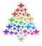 Christmas tree made of shiny stars white background isolated close up, colorful stars in shape of decorative New Year pine